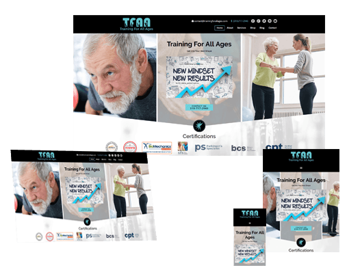 showcasing TrainingForAllAges.com responsiveness on multiple screens
