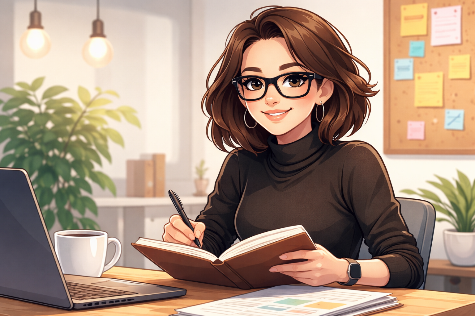 woman sitting at a desk, writing in a planner